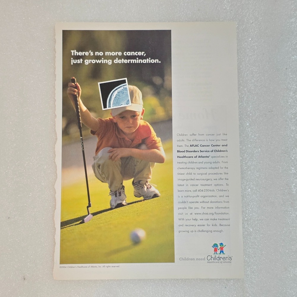 Vintage Print Ad Children's Healthcare of Atlanta boy playing golf 8x10.5 2004